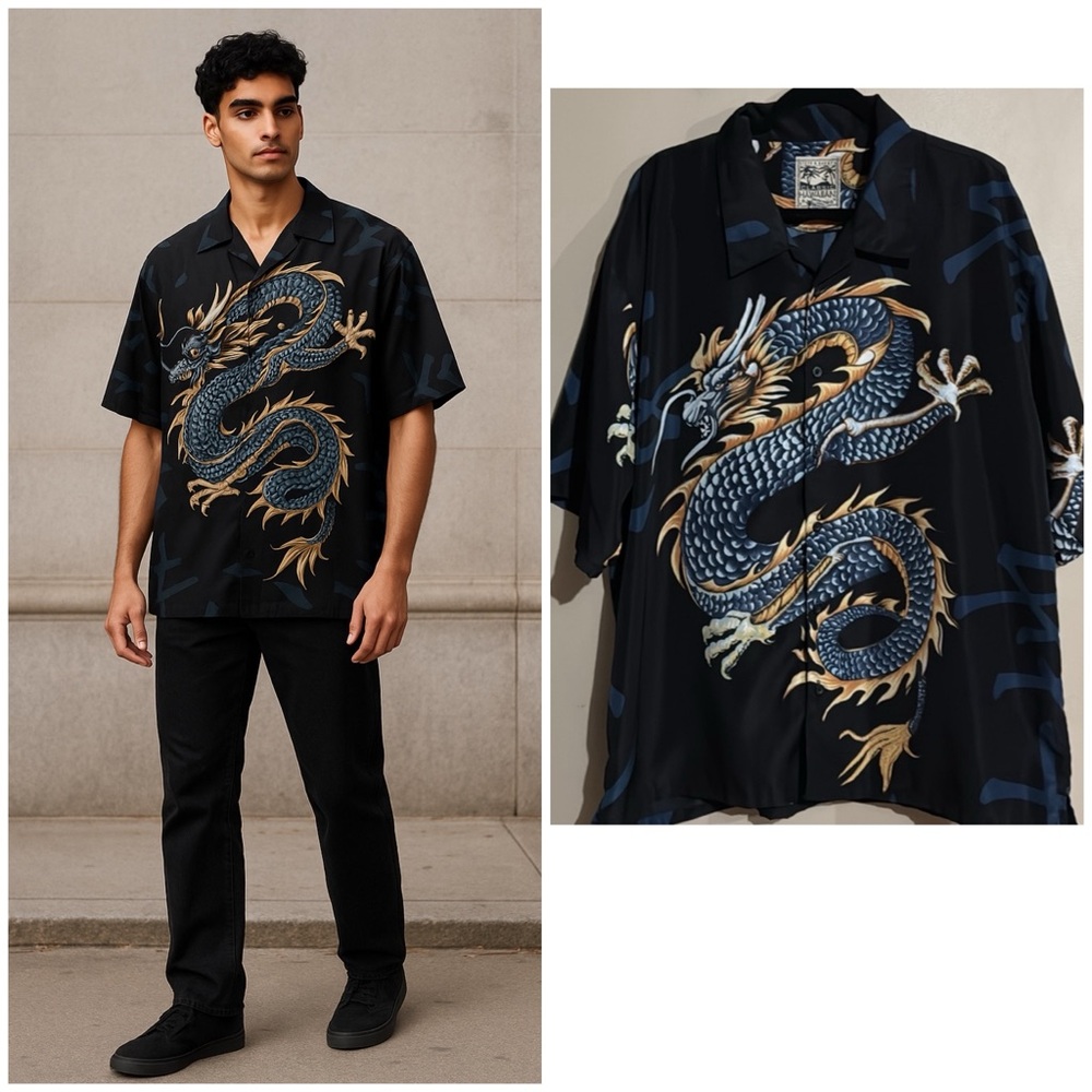 Steve & Barry's Classic Hawaiian Black and Gold Dragon Print Shirt Men's Sz XXXL